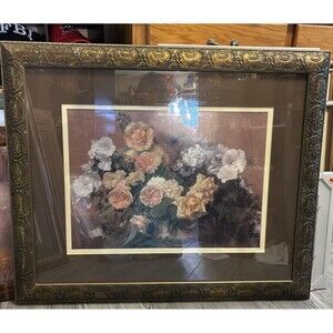 Framed Floral Still Life Art Lithograph On Vintage Designed Wooden Frame